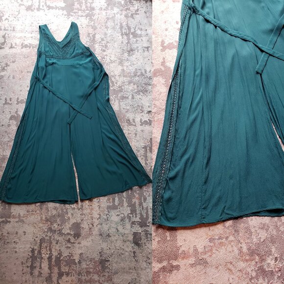 Anthropologie Elevenses Emerald Linen-Look Crochet Boho Wide Leg Pantsuit - Picture 8 of 16